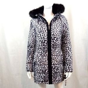 INTL Detail Leopard Print Coat with Faux Fur Hood